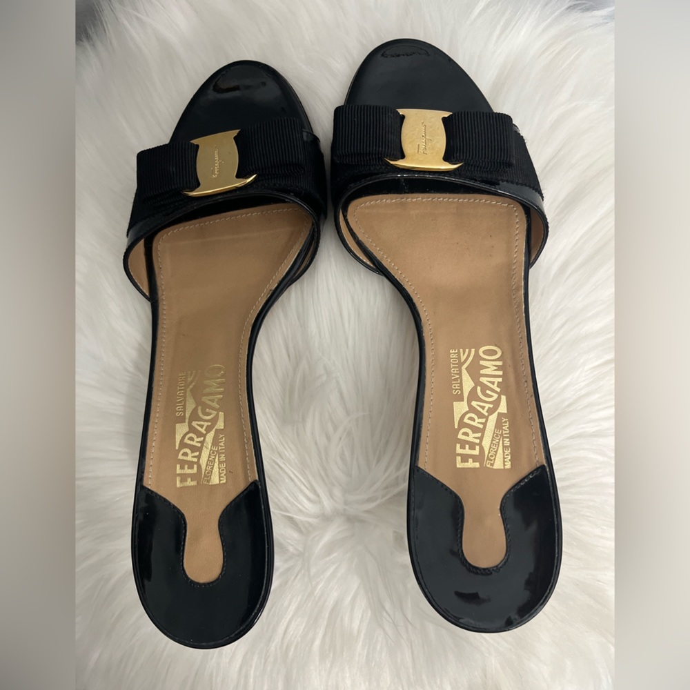 Salvatore Ferragamo Black Patent Leather Bow Slide Kitten Heel Sandal.